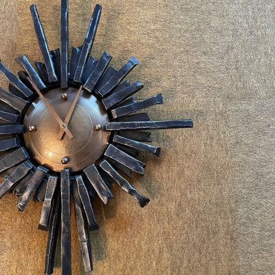 Brutalist Hollywood Regency Sunburst Metal Wall Clock, Germany, 1970s-QZ-1761406