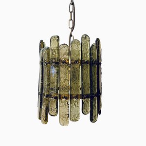 Brutalist Italian Wrought Iron, Glass & Gold Ceiling Lamp, 1970s-PYR-840861