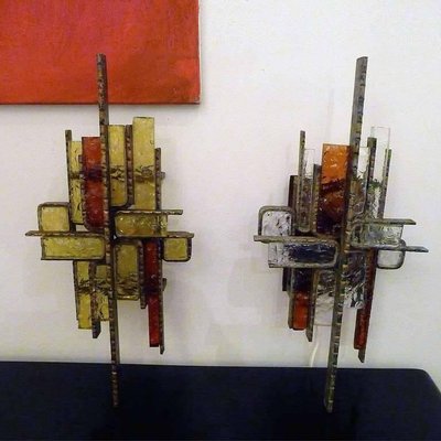 Brutalist Metal and Glass Sconces, 1960s, Set of 2-YGE-590393