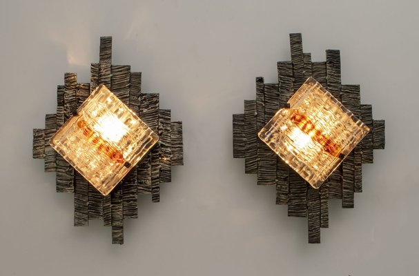 Brutalist Metal and Murano Glass Sconces by Albano Poli for Poliarte, 1970s, Set of 2-FER-700421