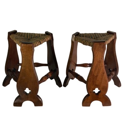 Brutalist Neo Gothic Rush Oak Tripod Stools, France, 1960s, Set of 2-BHG-1397078