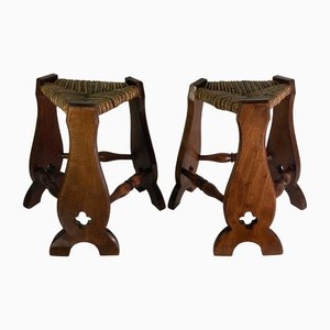 Brutalist Neo Gothic Rush Oak Tripod Stools, France, 1960s, Set of 2-BHG-1397078