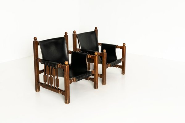 Brutalist Oak and Faux Leather Chairs in the Style of Charles Dudouyt, 1950s, Set of 2-UQV-1424500