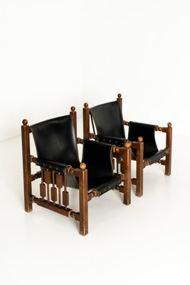 Brutalist Oak and Faux Leather Chairs in the Style of Charles Dudouyt, 1950s, Set of 2-UQV-1424500