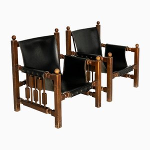 Brutalist Oak and Faux Leather Chairs in the Style of Charles Dudouyt, 1950s, Set of 2-UQV-1424500