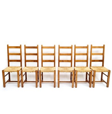 Brutalist Oak Antique Dining Chairs with Rush Seating, Set of 6-QQA-1110153