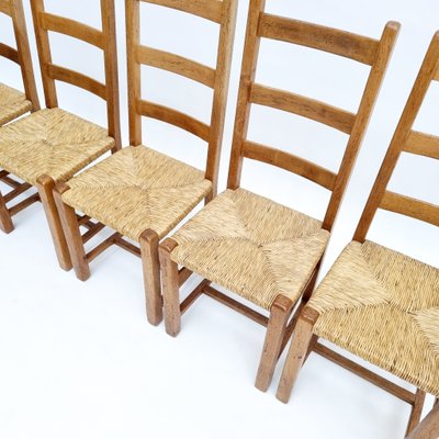 Brutalist Oak Antique Dining Chairs with Rush Seating, Set of 6-QQA-1110153