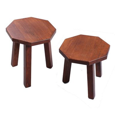 Brutalist Oak Hexagonal Side Tables in the style of Charlotte Perriand, 1950s, Set of 2-XT-2038109