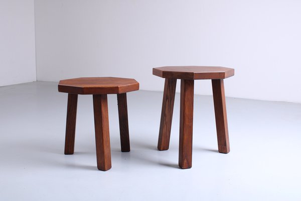 Brutalist Oak Hexagonal Side Tables in the style of Charlotte Perriand, 1950s, Set of 2-XT-2038109