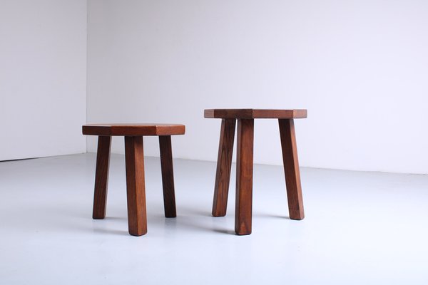 Brutalist Oak Hexagonal Side Tables in the style of Charlotte Perriand, 1950s, Set of 2-XT-2038109