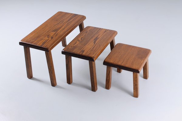 Brutalist Oak Side Tables in the Style of Charlotte Perriand, 1950s, Set of 3-XT-1357957