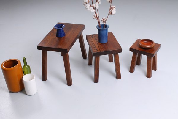 Brutalist Oak Side Tables in the Style of Charlotte Perriand, 1950s, Set of 3-XT-1357962