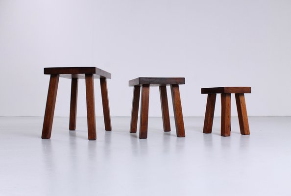 Brutalist Oak Side Tables in the Style of Charlotte Perriand, 1950s, Set of 3-XT-1357962