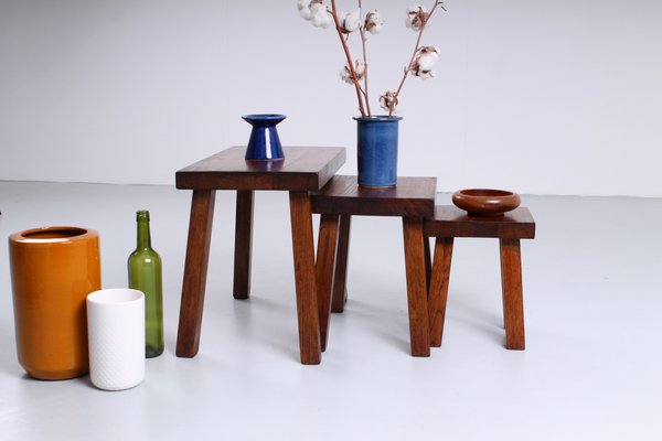 Brutalist Oak Side Tables in the Style of Charlotte Perriand, 1950s, Set of 3-XT-1357962