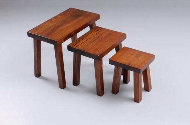 Brutalist Oak Side Tables in the Style of Charlotte Perriand, 1950s, Set of 3-XT-1357962