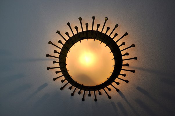 Brutalist Opaline and Gold Leaf Sun Lamp, Italy, 1960s-EJE-1373634