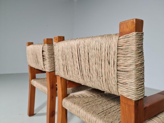 Brutalist Pine Wood Dining Chairs, France, 1960s, Set of 6-UJI-1170580