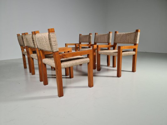 Brutalist Pine Wood Dining Chairs, France, 1960s, Set of 6-UJI-1170580