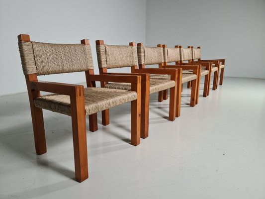 Brutalist Pine Wood Dining Chairs, France, 1960s, Set of 6-UJI-1170580