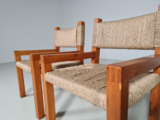 Brutalist Pine Wood Dining Chairs, France, 1960s, Set of 6-UJI-1170580