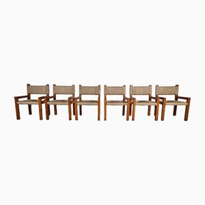 Brutalist Pine Wood Dining Chairs, France, 1960s, Set of 6-UJI-1170580