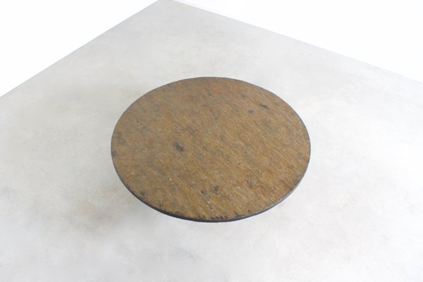 Brutalist Round Coffee Table with a Brown or Green Slate Top, 1970s-QT-1263482