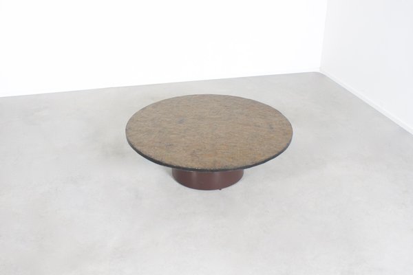 Brutalist Round Coffee Table with a Brown or Green Slate Top, 1970s-QT-1263482