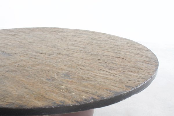 Brutalist Round Coffee Table with a Brown or Green Slate Top, 1970s-QT-1263482