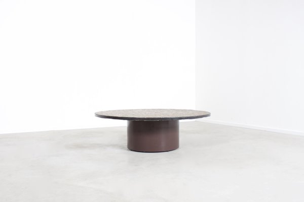 Brutalist Round Coffee Table with a Brown or Green Slate Top, 1970s-QT-1263482