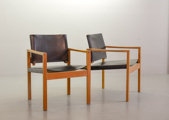 Brutalist Scandinavian Solid Oak and Black Leather Dining Chairs, 1960s, Set of 2-IXC-714266