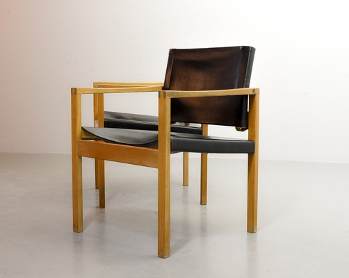 Brutalist Scandinavian Solid Oak and Black Leather Dining Chairs, 1960s, Set of 2-IXC-714266