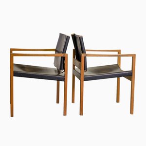 Brutalist Scandinavian Solid Oak and Black Leather Dining Chairs, 1960s, Set of 2-IXC-714266