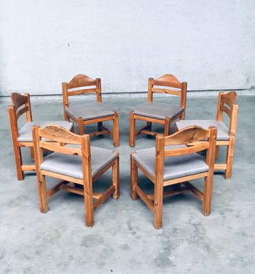 Brutalist Square Model Pine Dining Chairs, 1970s, Set of 6-RQV-1148333