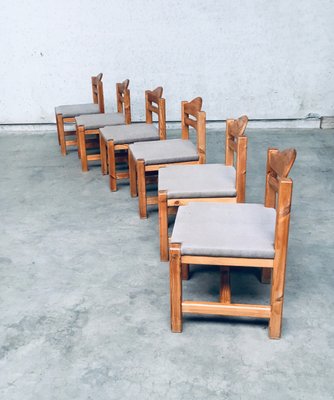 Brutalist Square Model Pine Dining Chairs, 1970s, Set of 6-RQV-1148333