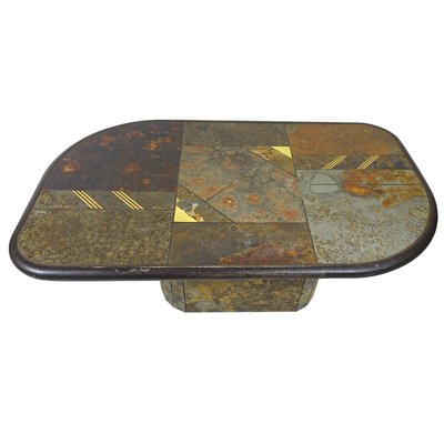 Brutalist Stone, Slate, and Brass Coffee Table Attributed to Paul Kingma-RY-659471