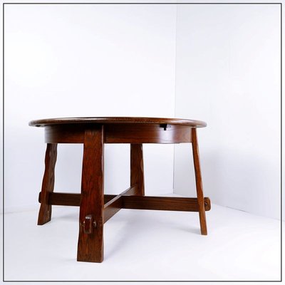 Brutalist Strong Oak Round Extendable Dining Table, 1950s-JG-1786426