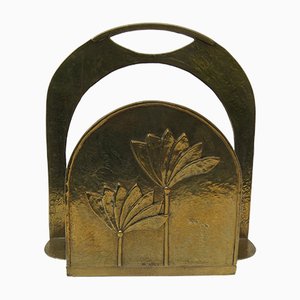 Brutalist Style Brass Magazine Rack with Floral Elements, 1970s-EY-928958