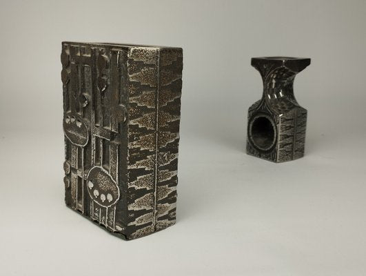 Brutalist Style Vase and Candleholder by Olav Joa for Polaris, Norway, 1970s, Set of 2-SFQ-1803185