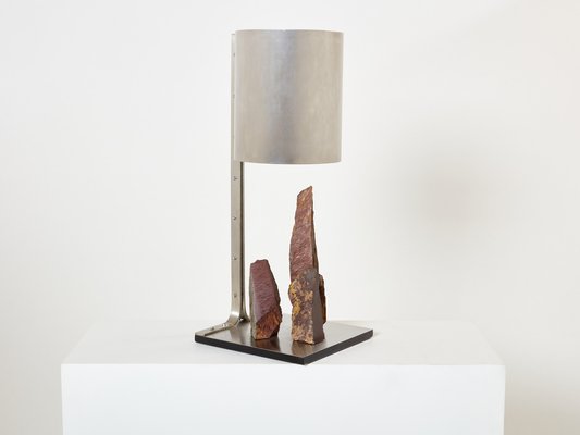 Brutalist Table Lamp in Steel and Red Shale by Phillipe Jean, 1970s-YJA-1813824