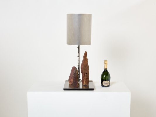 Brutalist Table Lamp in Steel and Red Shale by Phillipe Jean, 1970s-YJA-1813824