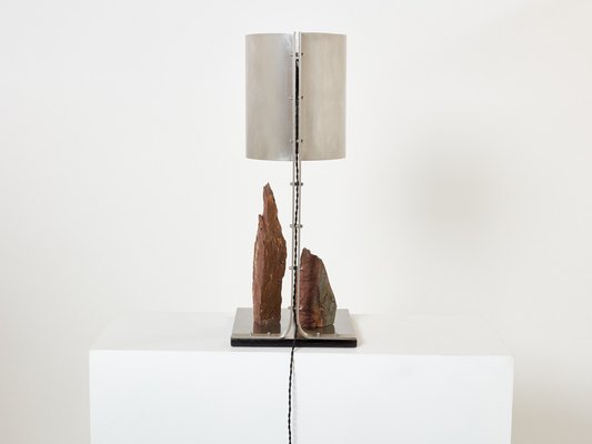 Brutalist Table Lamp in Steel and Red Shale by Phillipe Jean, 1970s-YJA-1813824