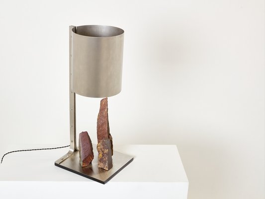 Brutalist Table Lamp in Steel and Red Shale by Phillipe Jean, 1970s-YJA-1813824