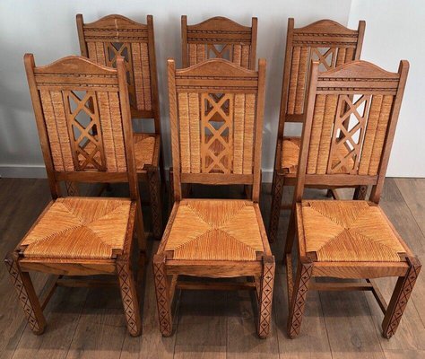 Brutalist Wood & Rattan Chairs, Set of 6-BA-1365500