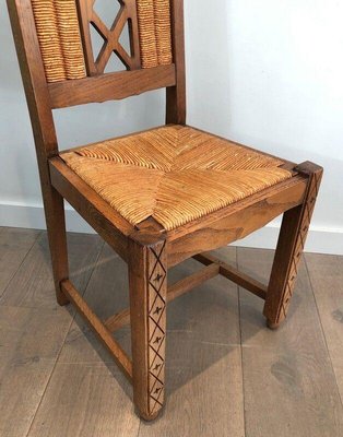 Brutalist Wood & Rattan Chairs, Set of 6-BA-1365500