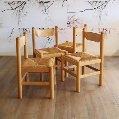 Brutalist Wood & Rush Dining Chairs, 1970s, Set of 4-SJU-1735510