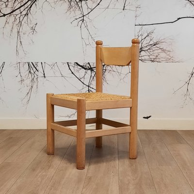 Brutalist Wood & Rush Dining Chairs, 1970s, Set of 4-SJU-1735510