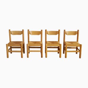 Brutalist Wood & Rush Dining Chairs, 1970s, Set of 4-SJU-1735510