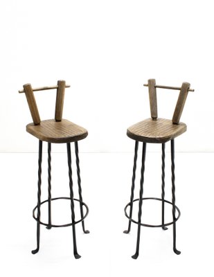 Brutalist Wrought Iron & Oak Bar Stools, 1970s, Set of 2-SES-1413698