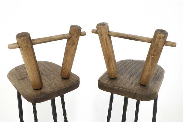 Brutalist Wrought Iron & Oak Bar Stools, 1970s, Set of 2-SES-1413698