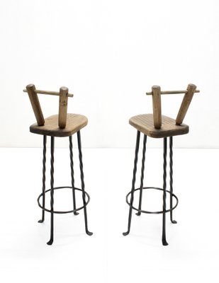 Brutalist Wrought Iron & Oak Bar Stools, 1970s, Set of 2-SES-1413698